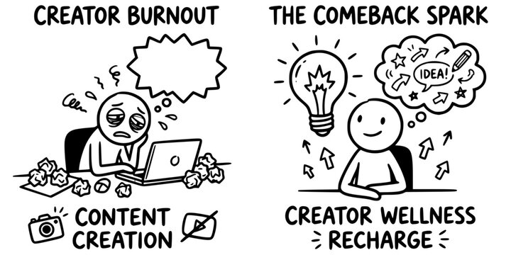 Creator Burnout Doodle Black White-Exhausted Figure Bubble Comeback Spark-Wellness Vector-Burnout Icon Doodle-Content Creator Design Set