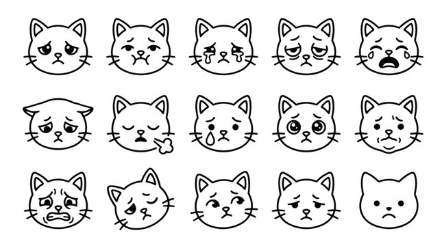 Various upset and crying cat faces expressing negative emotions