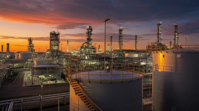 Industrial refinery complex glowing under warm sunset sky with towering storage tanks and pipelines