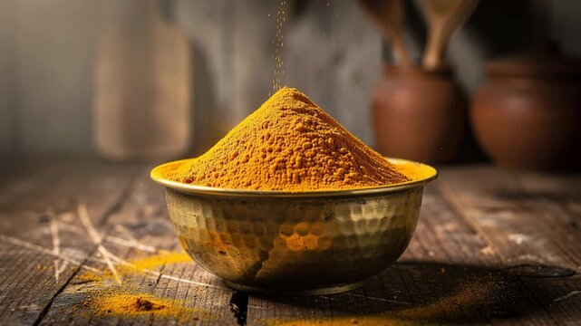 Vibrant turmeric powder flowing into a shimmering bowl creating warm and aromatic atmosphere