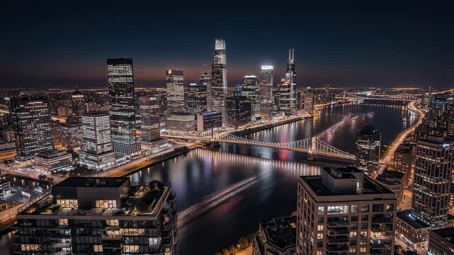 Vibrant city skyline at twilight with glowing skyscrapers reflecting on a calm river evening urban landscape