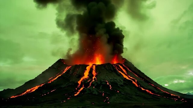 Volcano erupting violently with glowing lava streams and thick smoke under vivid green sky showcasing natural fiery power