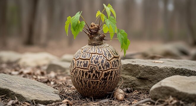 Dioscorea elephantipes caudex plant among weathered stones, woodland background, botanical photography for rare plant collections and nature branding