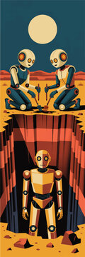 Futuristic robots excavating ancient android underground in desert canyon, retro sci fi illustration with moonlit alien landscape