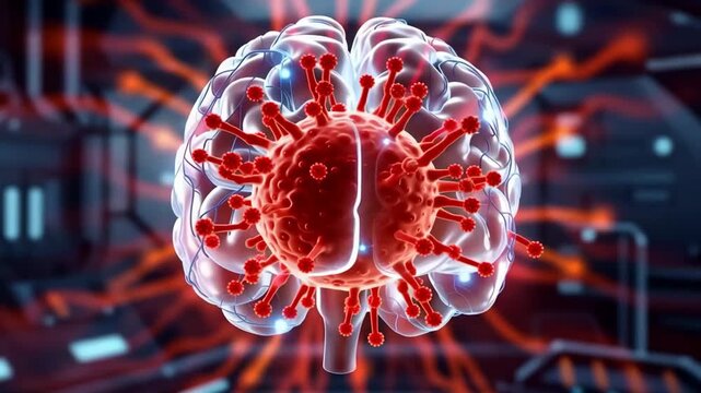 Transparent human brain with glowing red virus showing neurological infection in futuristic medical visualization
