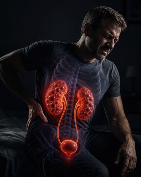 Polycystic kidney disease concept with painful kidneys and urinary system visualization in man