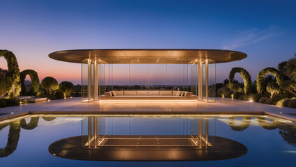 Fototapeta premium Luxury Glass Pavilion Reflected in Pool at Twilight with Modern Architecture