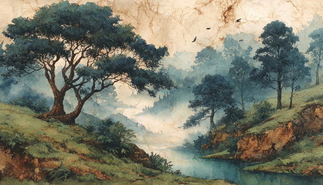 Vintage misty forest landscape watercolor painting with river