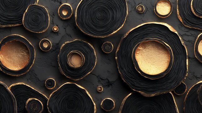 Abstract dark background with black wood slices featuring rough golden edges resembling natural geodes or tree rings for organic design