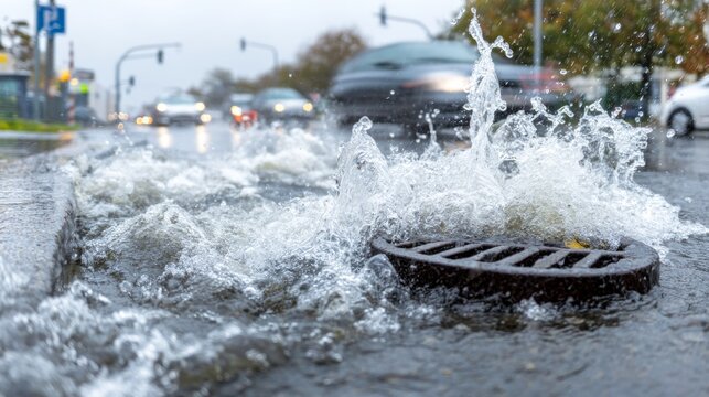 Urban flooding with stormwater eruption from manhole, floodwater, drainage failure, infrastructure damage and climate impact on city street with rushing water, foam and traffic disruption