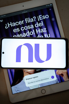 Mexico city, mexico, 06 04 2026, nubank banking app on smartphone and tablet screens