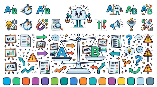 AB testing and marketing data analysis doodle icon set