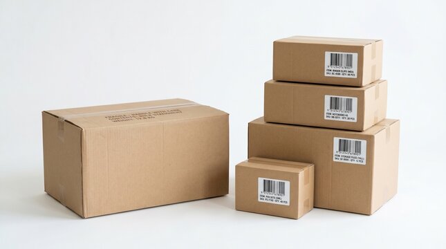 Corrugated cardboard boxes for shipping goods from warehouses are arranged in multiple sizes showing logistics and distribution concepts for businesses needing supply chain management and