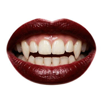 Open human mouth with sharp vampire fangs and dark red lipstick as isolated on transparent background