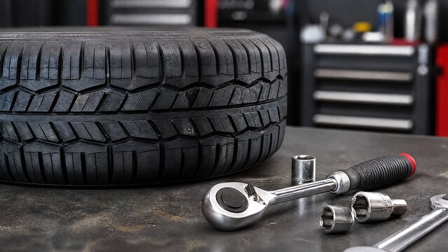 Close-up of a tyre and tools on a workshop bench, highlighting mechanical repair.
