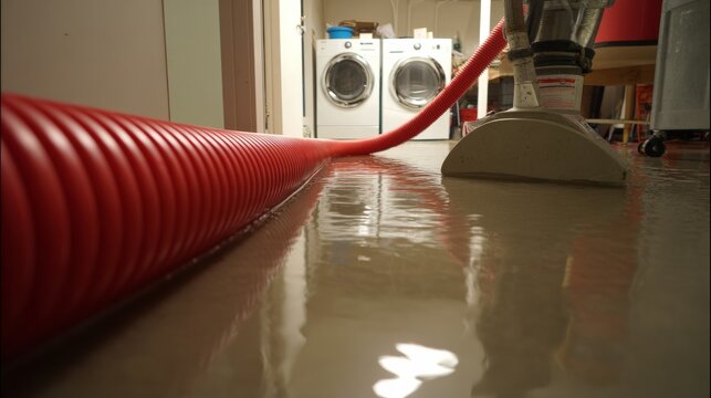 Flooded basement cleanup with water damage, extraction, wet vacuum, drainage, restoration, drying, repair, recovery and moisture removal from reflective concrete floor after flooding