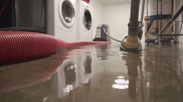 Flooded basement cleanup with water damage, extraction, wet vacuum, drainage, restoration, drying, repair, recovery and moisture removal from reflective concrete floor after flooding