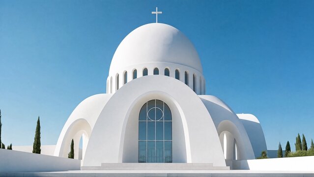 Pure white modern chapel with smooth soaring dome against clear blue sky, architectural soft light.