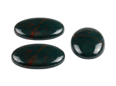 Three polished dark green bloodstone cabochons as PNG element isolated on transparent background