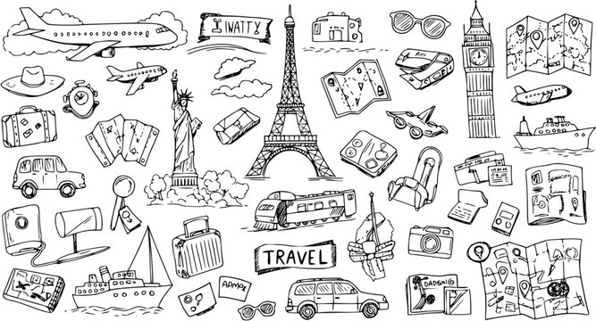 Hand-drawn Travel and Tourism Doodle Icons Set in Black and White Line Art Style for Vacation and Global Journey