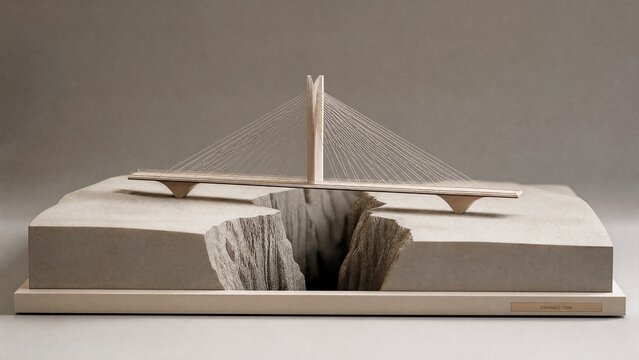 A model of a slender bridge spanning a symbolic crack in a minimalist landscape.