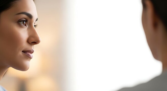 Closeup profile of a young woman looking at another person during a professional consultation