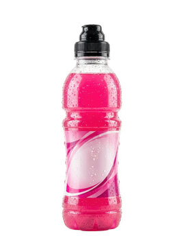Plastic bottle of pink energy drink with blank label as PNG asset isolated on transparent background