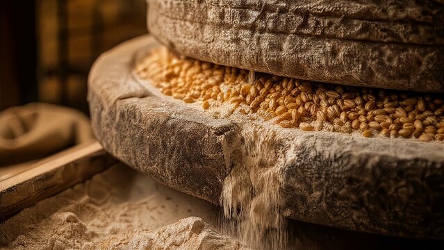 Golden wheat grains ground between old mill stones, coarse flour falling.