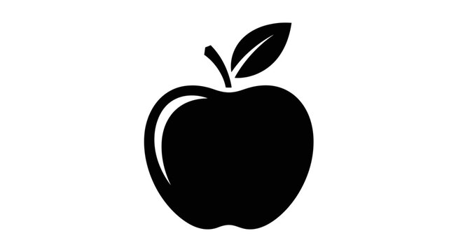 Black silhouette vector icon of a fresh apple fruit with leaf and stem, symbol of healthy food and nutrition