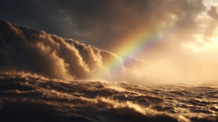 Fototapeta premium Oceanic Serenity: A breathtaking ocean wave catches the sunlight, with a vibrant rainbow arcing across the stormy sky, creating a scene of dramatic natural beauty.