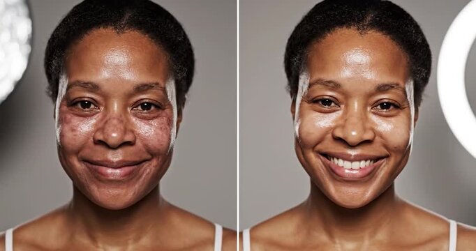 Split Screen Comparison of Skin Treatment Results on Woman Face