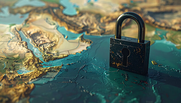 Global security concept, digital padlock over a stylized world map, representing data protection and cybersecurity, abstract technology