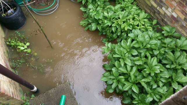 Flooded garden submerged in murky brown water with rhubarb potato plants struggling, raindrops forming ripples, tire hose debris concrete steps brick wall and doorway framing scene