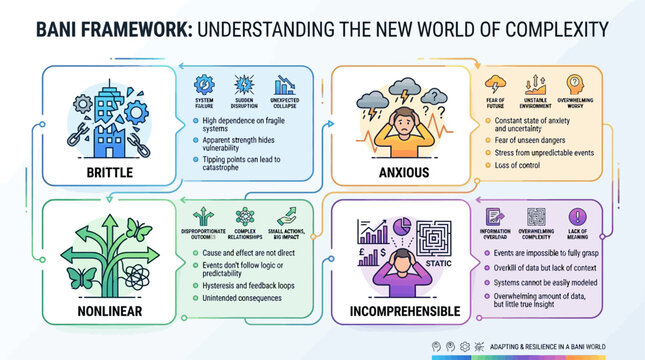 BANI framework complexity infographic explaining brittleness ambiguity nonlinearity and incomprehensibility.