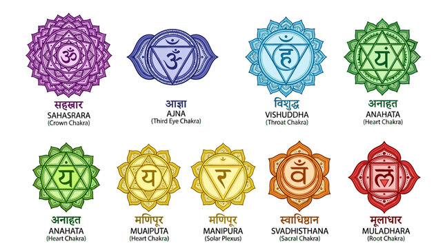 Chakra symbols in different colors and sanskrit.