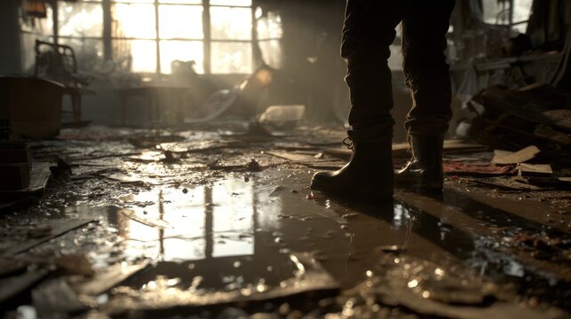 Flood damaged interior with person standing in muddy puddle among debris, wet floor reflections, sunlight through window, wooden fragments scattered in ruined room environment