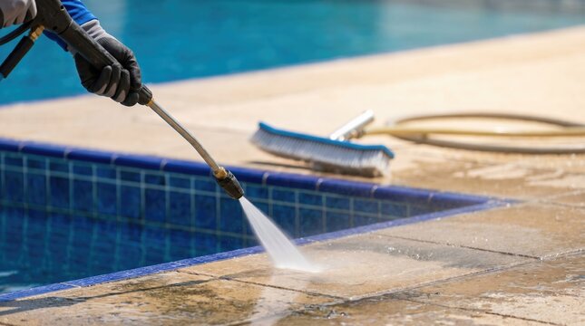 Professional Pool Deck Pressure Washing Service Cleaning Stone Tiles Around Swimming Pool for Summer Maintenance