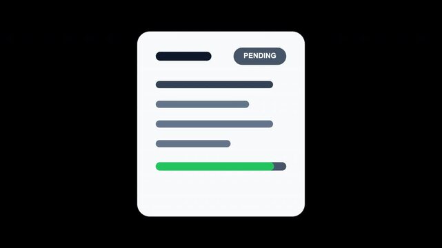 White document icon with grey text lines and green loading bar symbolizing pending status. Suitable for presentations, tech articles, software concepts.