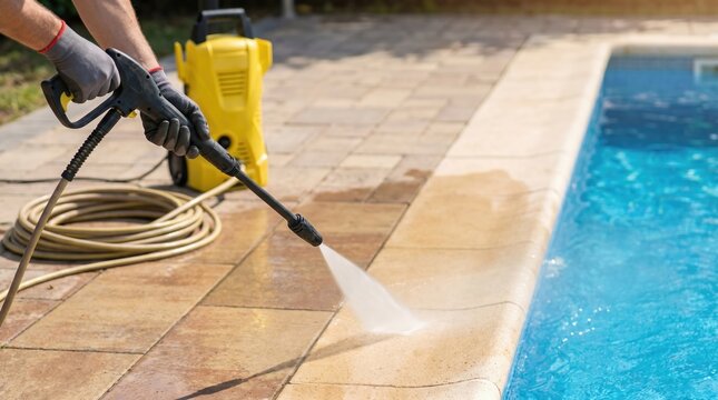 Person Using High Pressure Washer to Clean Dirty Pool Deck Tiles for Summer Maintenance and Home Improvement