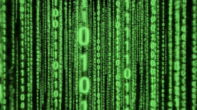 Abstract digital background with glowing green binary code falling down