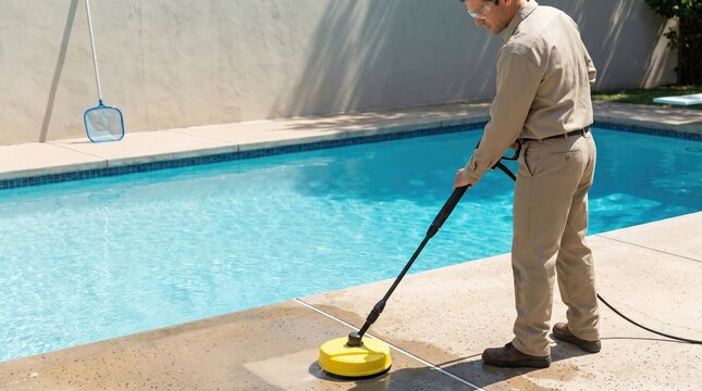 Professional male worker pressure washing concrete pool deck surface cleaner maintenance service
