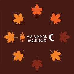 Fototapeta premium Autumnal Equinox. Seasonal Change. Fall Leaves. Celestial Symbols. Graphic Illustration.