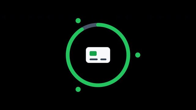 Cash app digital credit card icon with animated green loading circle progress on black background. Perfect for finance websites and apps.