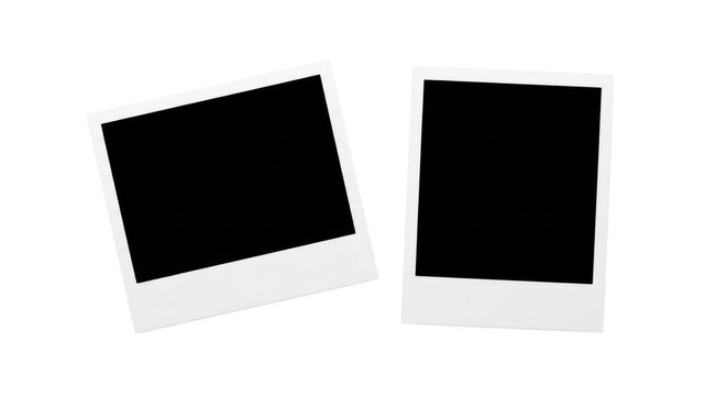 Two blank instant camera photo frames, white borders, black centers, horizontal and vertical, precisely arranged on a transparent background with soft studio lighting. Concept of clear potential and