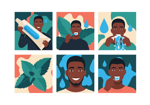 Man Brushing Teeth. Oral Hygiene Routine. Flat Illustration.