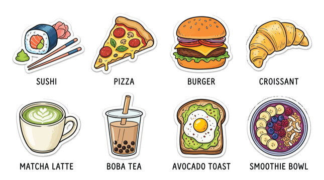 Set of cute hand drawn food and drink stickers including sushi pizza burger and coffee.