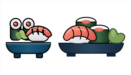 Japanese sushi set on plate flat design illustration two styles. Sushi with maki and nigiri on a plate, isolated on white © Moriyam