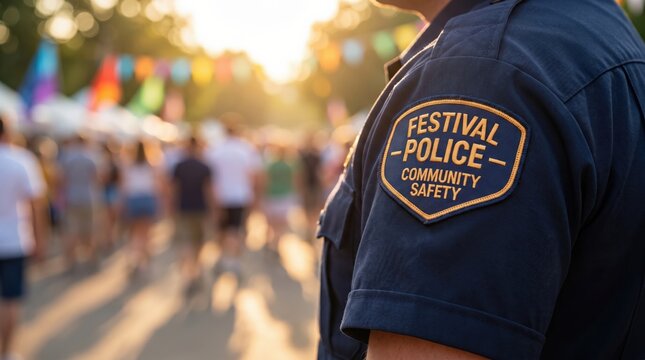 Festival Police Officer Shoulder Patch at Outdoor Event Crowd Control Security Concept