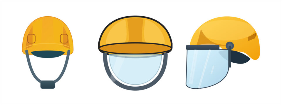 Yellow safety helmet with face shield vector illustration. Helmet set with visor flat design