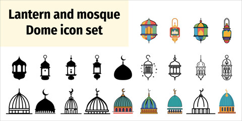 Lantern and mosque dome icon set. Islamic icon flat and outline style © Moriyam